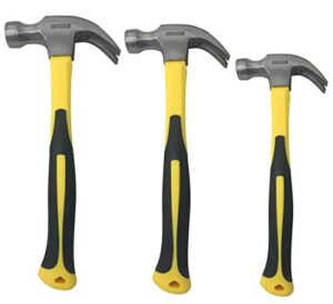 3 pack of claw hammers (20 oz, 16 oz, 8 oz) with sure-grip fiberglass handles and polished steel head