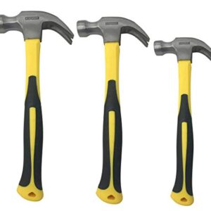 3 Pack of Claw Hammers (20 oz, 16 oz, 8 oz) with Sure-Grip Fiberglass Handles and Polished Steel Head