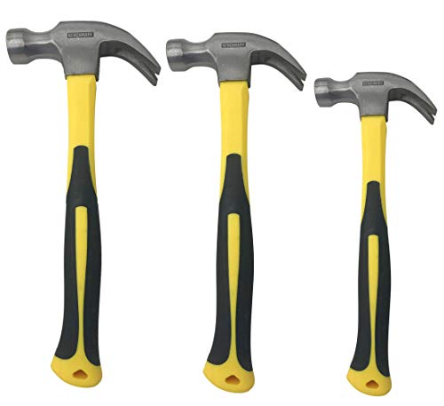 3 Pack of Claw Hammers (20 oz, 16 oz, 8 oz) with Sure-Grip Fiberglass Handles and Polished Steel Head