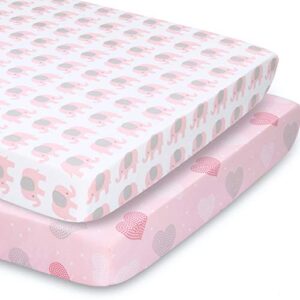 the peanutshell fitted pack n play, playard, mini crib sheets for baby girls | 2 pack set | pink elephants & hearts