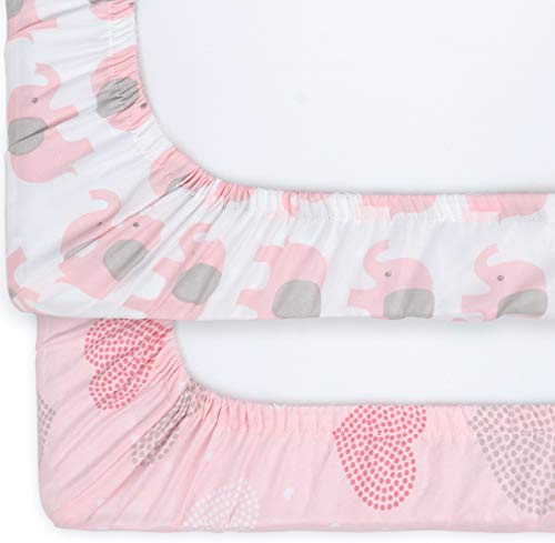 The Peanutshell Fitted Pack n Play, Playard, Mini Crib Sheets for Baby Girls | 2 Pack Set | Pink Elephants & Hearts