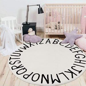 hebe 4ft round kids abc rug alphabet nursery rug for bedroom playroom non slip educational playmat round circle carpet for classroom infant toddlers,milk white