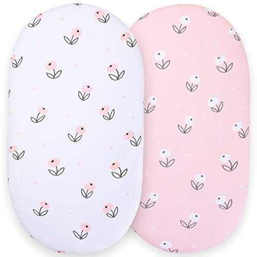 Bassinet Sheets for Baby Girl Set of 2 by Tansy Panda - Ultra Soft, Breathable, 100% Organic Cotton - Compatible with Halo, Hourglass, Rectangle Bassinet Mattress Pad - Pink and White Floral