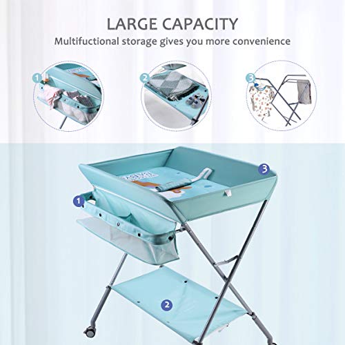 EGREE Baby Portable Folding Diaper Changing Station with Wheels, Adjustable Height Mobile Nursery Organizer with Safety Belt & Large Storage Racks for Newborn & Infant, Green 1 Count (Pack of 1)