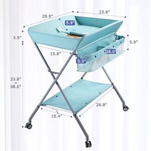 EGREE Baby Portable Folding Diaper Changing Station with Wheels, Adjustable Height Mobile Nursery Organizer with Safety Belt & Large Storage Racks for Newborn & Infant, Green 1 Count (Pack of 1)