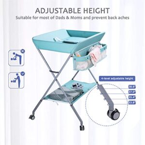 EGREE Baby Portable Folding Diaper Changing Station with Wheels, Adjustable Height Mobile Nursery Organizer with Safety Belt & Large Storage Racks for Newborn & Infant, Green 1 Count (Pack of 1)