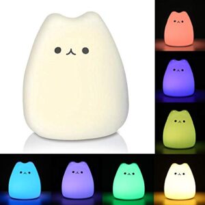 lunsy cat night light, led cute silicone cat lamp with color changing tap control battery operated for kids baby girl children toddler.