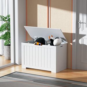 zeny lift top storage cabinet bench, wooden toy chest toddler room organizer bin with 2 safety hinges (white)