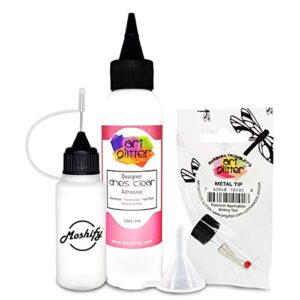 art glitter glue - 4oz with ultra fine metal tip - designer dries clear adhesive - bundled with moshify 20ml applicator bottle and funnel