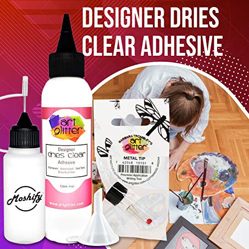 Art Glitter Glue - 4oz with Ultra Fine Metal Tip - Designer Dries Clear Adhesive - Bundled with Moshify 20mL Applicator Bottle and Funnel
