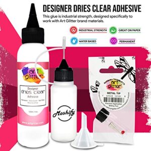 Art Glitter Glue - 4oz with Ultra Fine Metal Tip - Designer Dries Clear Adhesive - Bundled with Moshify 20mL Applicator Bottle and Funnel