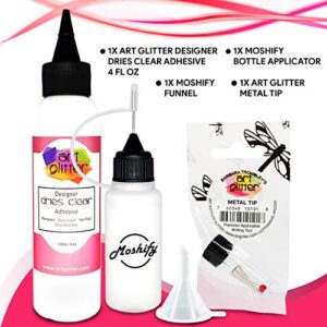 Art Glitter Glue - 4oz with Ultra Fine Metal Tip - Designer Dries Clear Adhesive - Bundled with Moshify 20mL Applicator Bottle and Funnel