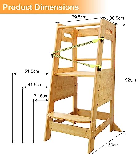 XiaZ Kids Kitchen Step Stool, Bamboo Toddler Standing Tower Height Adjustable Wood Helper Tower with Safety Belt for Kids Kitchen Learning Counter Bathroom Sink