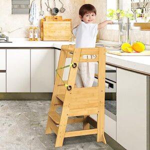 XiaZ Kids Kitchen Step Stool, Bamboo Toddler Standing Tower Height Adjustable Wood Helper Tower with Safety Belt for Kids Kitchen Learning Counter Bathroom Sink