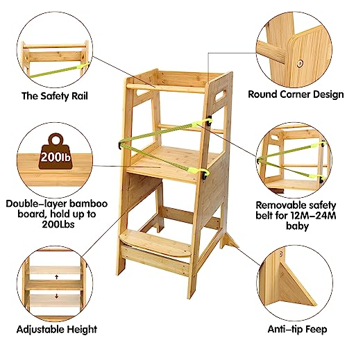 XiaZ Kids Kitchen Step Stool, Bamboo Toddler Standing Tower Height Adjustable Wood Helper Tower with Safety Belt for Kids Kitchen Learning Counter Bathroom Sink