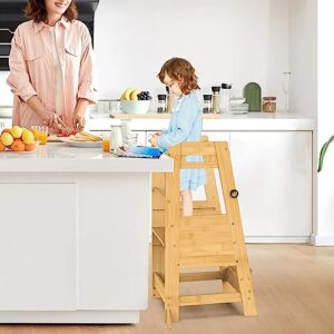 XiaZ Kids Kitchen Step Stool, Bamboo Toddler Standing Tower Height Adjustable Wood Helper Tower with Safety Belt for Kids Kitchen Learning Counter Bathroom Sink