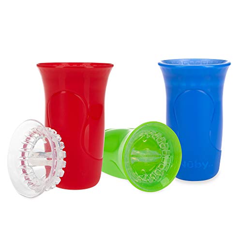 Nuby 3-Piece No-Spill Smart Edge 360 Cup with Touch Flo Easy Clean Silicone Rim, 10 Oz, Boy (Colors May Vary)