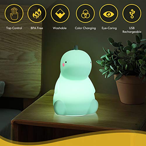 VSATEN Dinosaur Night Light for Kids, Cute Color Changing Silicone Baby Night Light with Touch Sensor, Portable Rechargeable LED Bedside Nursery Lamp for Toddler's Room, Dinosaur Gifts for Boys Girls