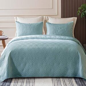 whale flotilla 3-piece queen size quilt set/bedspreads/coverlets for all season, star pattern bedding set with 2 pillow shams, soft and lightweight, aqua blue