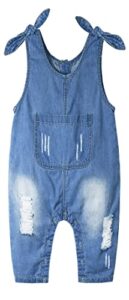 kidscool space baby girls big bib pocket ripped bowknot decor jeans coveralls,blue,3-6 months