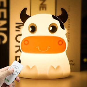 aveki night light for kids, portable tap control rechargeable nightlight lamp, color changing, remote control silicone cute animal cow night lamp bedroom decor for infant or toddler (cows-remote)
