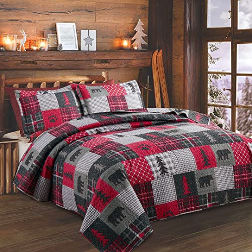 Bedspread Coverlet King Size Rustic Quilt Set Bedding King Plaid Quilt Bedding Lightweight Bedspread Lodge Cabin Bear Bedding Country Patchwork Quilt Bedspread Coverlet Rustic Reversible Quilts