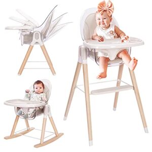 baby high chair, 7-in-1 convertible wooden high chair, rocking chair recline chair with adjustable hardwood leg, high chairs for babies and toddlers, double dishwasher safe tray & premium leatherette