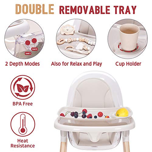 Baby High Chair, 7-in-1 Convertible Wooden High Chair, Rocking Chair Recline Chair with Adjustable Hardwood Leg, High Chairs for Babies and Toddlers, Double Dishwasher Safe Tray & Premium Leatherette