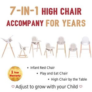 Baby High Chair, 7-in-1 Convertible Wooden High Chair, Rocking Chair Recline Chair with Adjustable Hardwood Leg, High Chairs for Babies and Toddlers, Double Dishwasher Safe Tray & Premium Leatherette