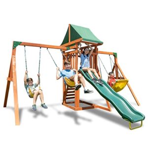 sportspower amazon exclusive sherwood wood swing set with 3 swings, slide, and covered deck, natural/green