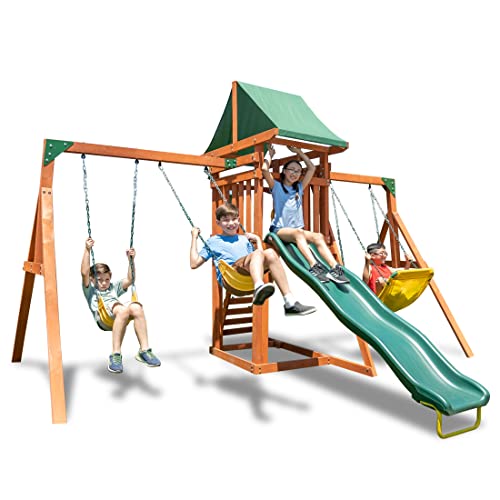 Sportspower Amazon Exclusive Sherwood Wood Swing Set with 3 Swings, Slide, and Covered Deck, Natural/Green