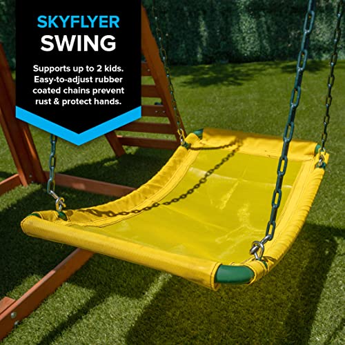 Sportspower Amazon Exclusive Sherwood Wood Swing Set with 3 Swings, Slide, and Covered Deck, Natural/Green