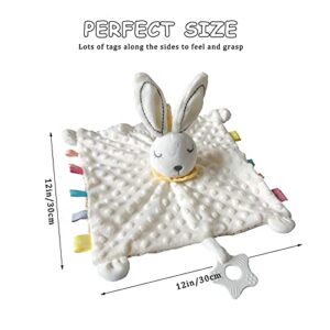 Baby Security Blanket with Tags Soft Plush Stuffed Animal Toys Lovey Soothing Sensory Toy Cute Minky Dot Fabric Cuddle Snuggle Blanket - White Bunny