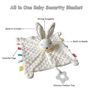 Baby Security Blanket with Tags Soft Plush Stuffed Animal Toys Lovey Soothing Sensory Toy Cute Minky Dot Fabric Cuddle Snuggle Blanket - White Bunny