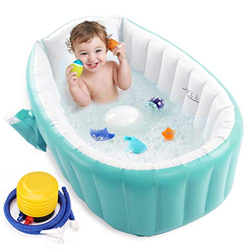 Baby Inflatable Bathtub, Portable Infant Toddler Bathing Tub Non Slip Travel Bathtub Mini Air Swimming Pool Kids Thick Foldable Shower Basin, Green