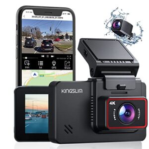 kingslim d4 4k dual dash cam with built-in wifi gps, front 4k/2.5k rear 1080p dual dash camera for cars, 3" ips touchscreen 170° fov dashboard camera with sony starvis sensor, support 256gb max