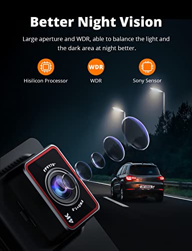 Kingslim D4 4K Dual Dash Cam with Built-in WiFi GPS, Front 4K/2.5K Rear 1080P Dual Dash Camera for Cars, 3" IPS Touchscreen 170° FOV Dashboard Camera with Sony Starvis Sensor, Support 256GB Max