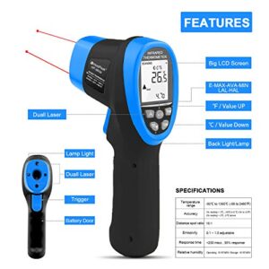 HOLDPEAK HP-985B Infrared Thermometer Non-Contact, -58℉~2480℉ (-50℃～1360℃), Dual Laser Digital IR Thermometer Gun with Adjustable Emissivity for Forge Melting Furnace Kilns Industry 【NOT for Human】