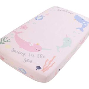 nojo under the sea whimsy pink & blue whales & narwhals 100% cotton photo op fitted crib sheet, pink, light blue, light green, light yellow