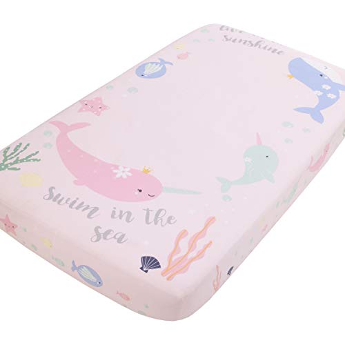 NoJo Under The Sea Whimsy Pink & Blue Whales & Narwhals 100% Cotton Photo Op Fitted Crib Sheet, Pink, Light Blue, Light Green, Light Yellow