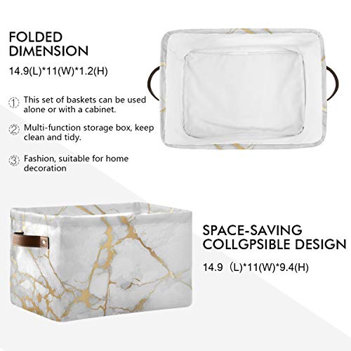 White Gold Marble Storage Basket Bin Large Fabric Toys Storage Cube Box with Handles Collapsible Closet Shelf Cloth Organizer Basket for Nursery Bedroom