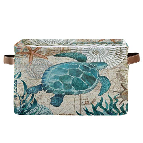 AUUXVA Sea Ocean Turtle Retro Map Storage Basket Bin Seaweed Large Fabric Toys Storage Cube Box with Handles Collapsible Closet Shelf Cloth Organizer Basket Set of 2 for Nursery Bedroom