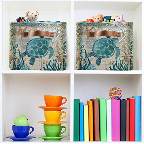 AUUXVA Sea Ocean Turtle Retro Map Storage Basket Bin Seaweed Large Fabric Toys Storage Cube Box with Handles Collapsible Closet Shelf Cloth Organizer Basket Set of 2 for Nursery Bedroom