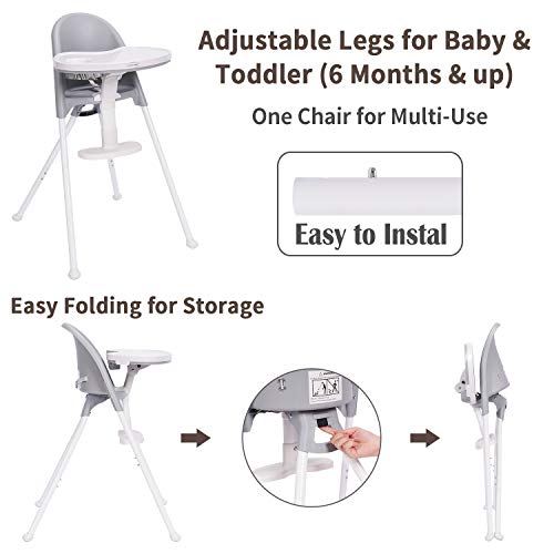 HAN-MM High Chair Folding,One Click fold,Save Space, Detachable Double Tray, Infant Chair, Car Traveling, 3 in 1 Convertible, 3-Point Harness, Adjustable Footrest, Non-Slip Feet, Adjustable Legs