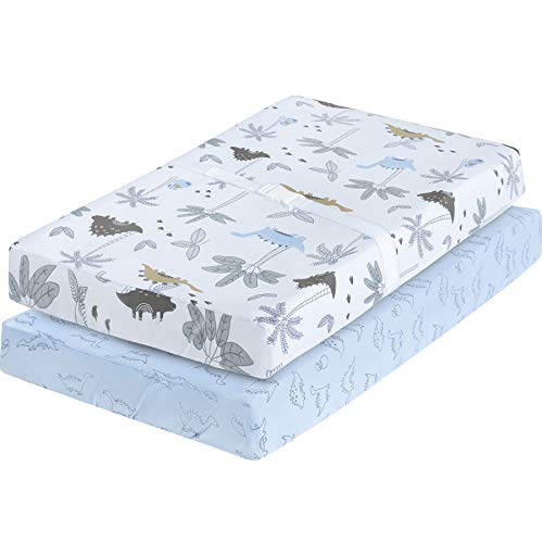 My Little Zone Dinosaur Changing Pad Cover - Cotton Changing Table Mattress Pad, Blue and White, 2 Pack