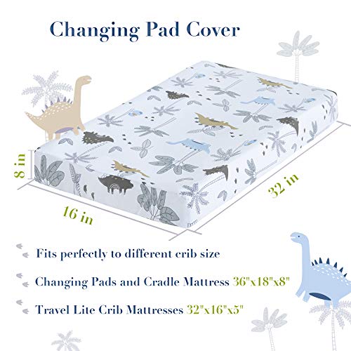 My Little Zone Dinosaur Changing Pad Cover - Cotton Changing Table Mattress Pad, Blue and White, 2 Pack