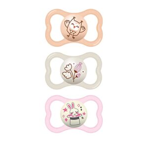 mam air night & day baby pacifier, for sensitive skin, glows in the dark, 6-16 months, girl, 3 count (pack of 1)
