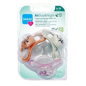 MAM Air Night & Day Baby Pacifier, for Sensitive Skin, Glows in The Dark, 6-16 Months, Girl, 3 Count (Pack of 1)
