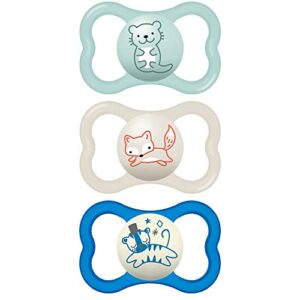 mam air day & night baby pacifier, for sensitive skin, glows in the dark, boy , 6-16 months (pack of 3)(packaging may vary)