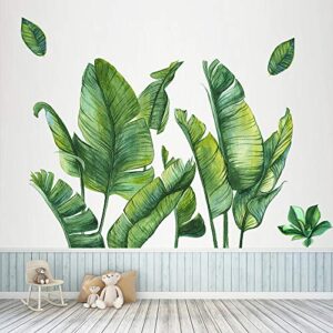 green banana leaf tropical plants leaves wall decals peel and stick, removable jungle tree leaf wall stickers mural, diy wall art decor home decorations for bedroom living room nursery, 29.5x43.3inch